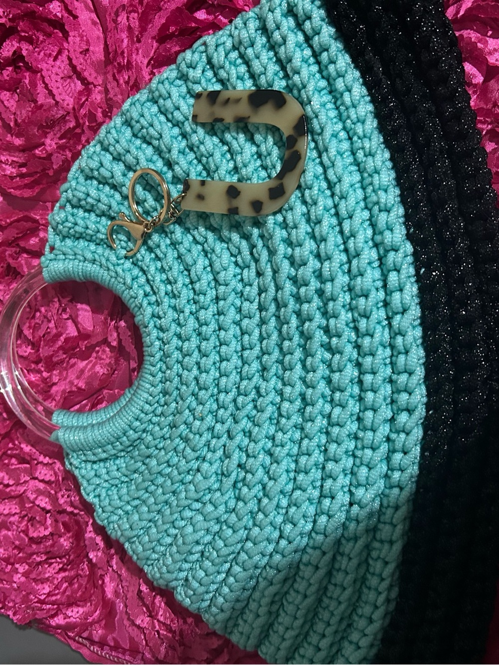Turquoise and Black Crochet Tote with Clear Handle